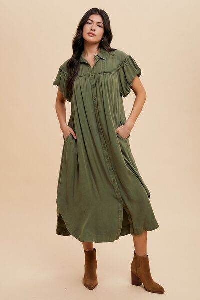 Annie Wear Mineral Washed Button Down Puff Sleeve Shirt Dress - Hovatok