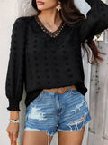 Devine Swiss Dot Lace Detail V-Neck Long Sleeve Blouse - Hovatok