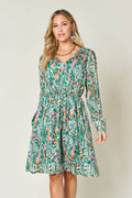 Double Take Full Size Printed Drawstring Waist Long Sleeve Dress - Hovatok