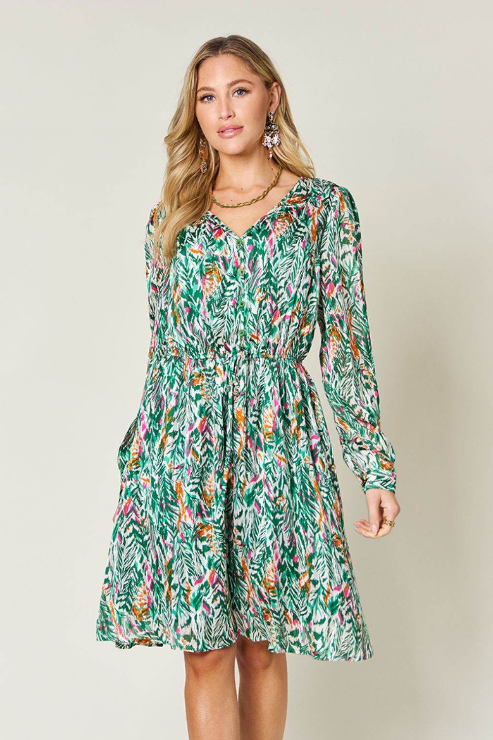 Double Take Full Size Printed Drawstring Waist Long Sleeve Dress - Hovatok