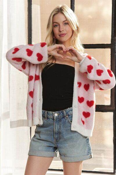 ADORA Fuzzy Heart Button Down Cardigan - Hovatok