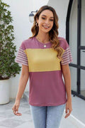 Color Block Round Neck Short Sleeve T-Shirt - Hovatok