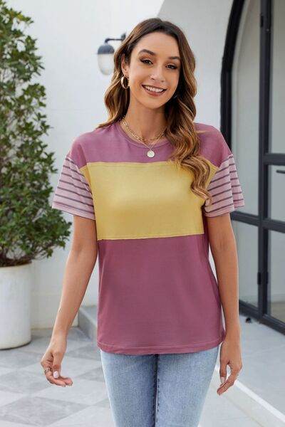 Color Block Round Neck Short Sleeve T-Shirt - Hovatok