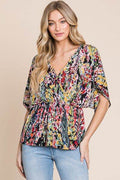 BOMBOM Printed Surplice Peplum Blouse - Hovatok