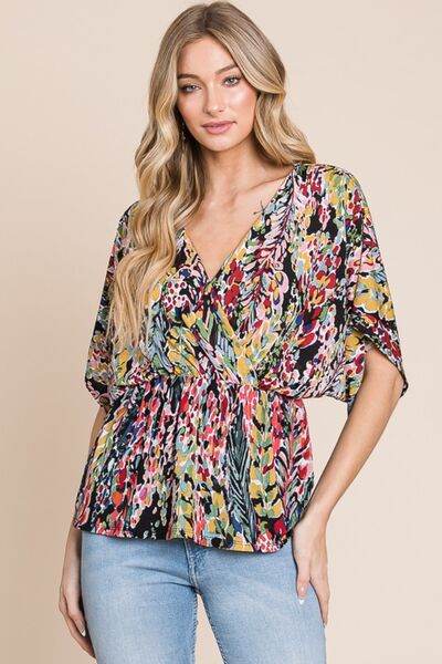BOMBOM Printed Surplice Peplum Blouse - Hovatok