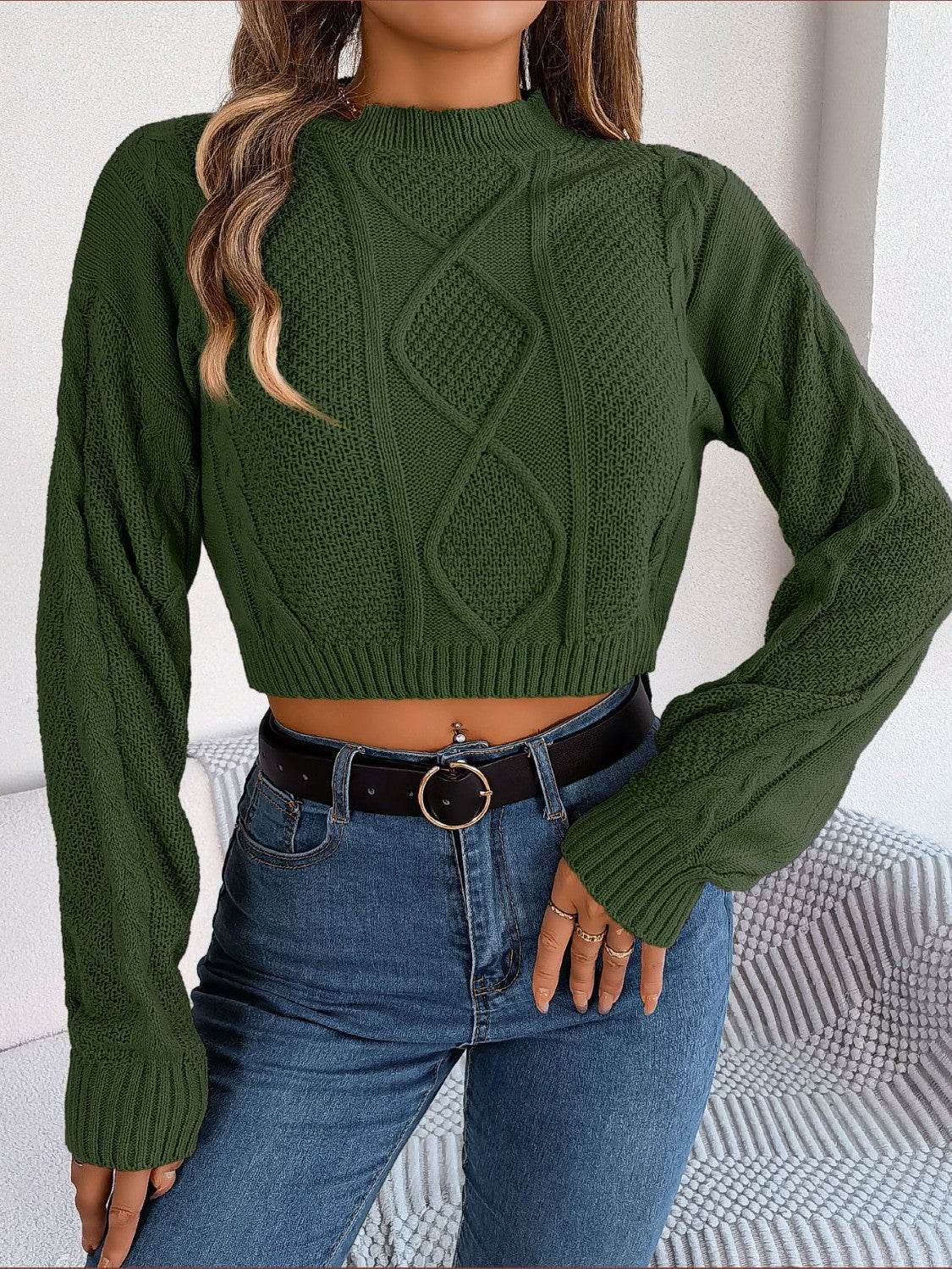 Cable-Knit Round Neck Cropped Sweater - Hovatok