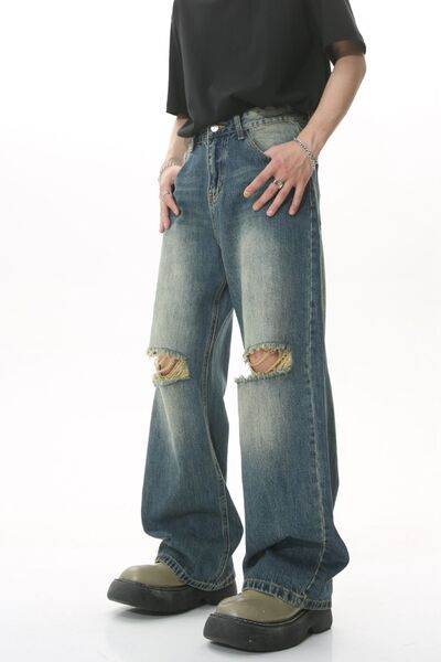 Distressed Wide Leg Men's Jeans - Hovatok