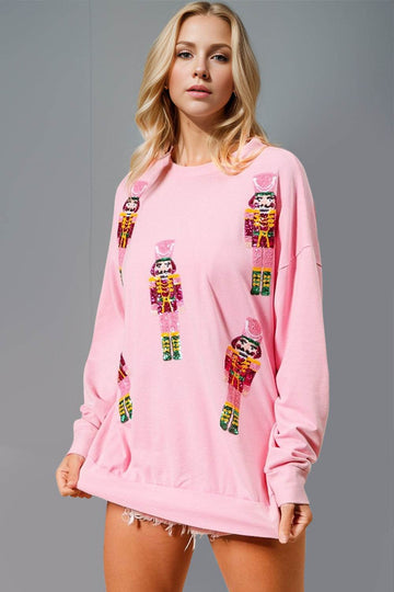Double Take Sequin Nutcracker Round Neck Long Sleeve Sweatshirt - Hovatok