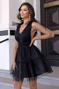 V-Neck Shoulder Detail Mesh Dress - Hovatok
