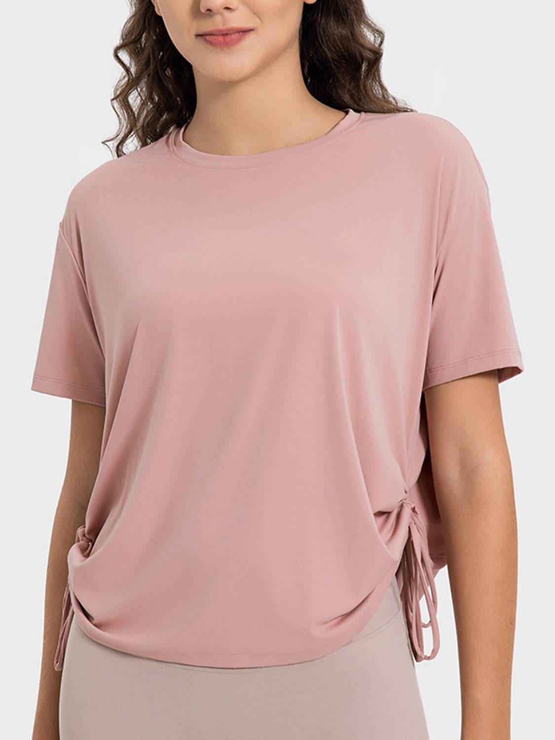 Millennia Drawstring Round Neck Short Sleeve Active T-Shirt - Hovatok