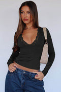 Lace Detail V-Neck Long Sleeve T-Shirt - Hovatok
