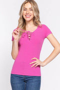 ACTIVE BASIC Lace Up Short Sleeve Rib Knit T-Shirt - Hovatok