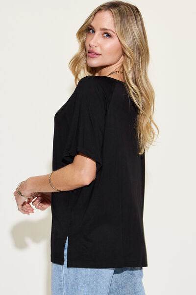 Basic Bae Full Size Bamboo Slit V-Neck Short Sleeve T-Shirt - Hovatok