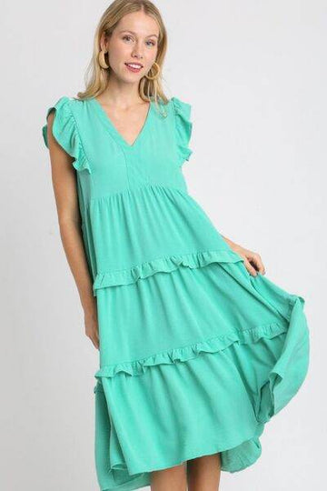 Umgee Full Size Ruffle Tiered Cap Sleeve Midi Dress Plus Size - Hovatok