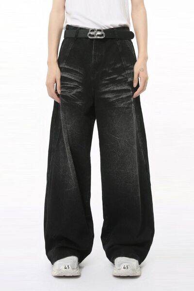 Washed Cat Whiskered Wide Leg Jeans - Hovatok