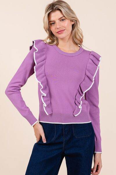 Mittoshop Contrast Trim Ruffled Round Neck Knit Top - Hovatok
