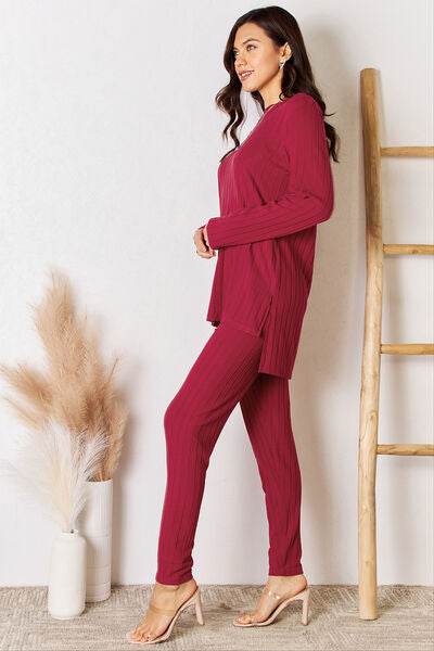 Basic Bae Full Size Ribbed Round Neck High-Low Slit Top and Pants Set - Hovatok