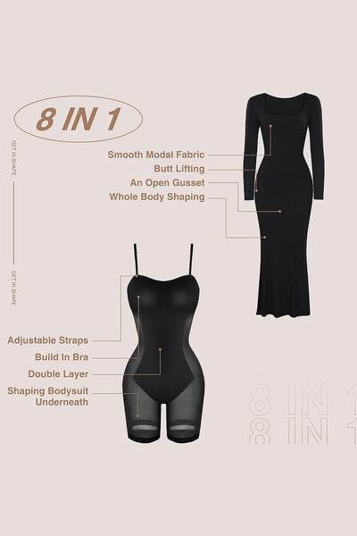 Basic Bae Built-In Shapewear Square Neck Long Sleeve Maxi Dress - Hovatok