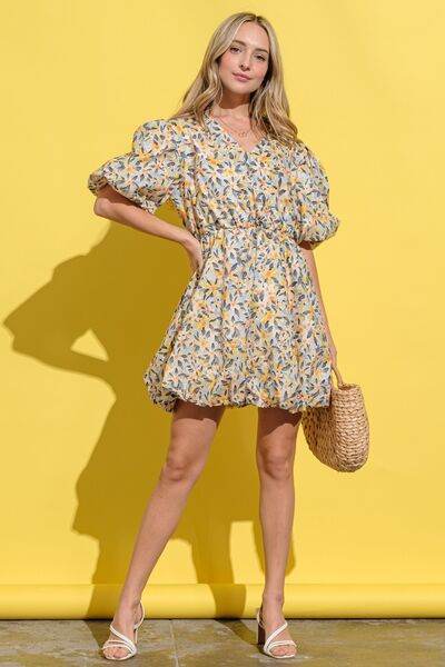 And The Why Full Size Floral Surplice Puff Sleeve Dress - Hovatok