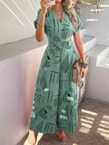 Devine Printed Notched Short Sleeve Wide Leg Jumpsuit - Hovatok