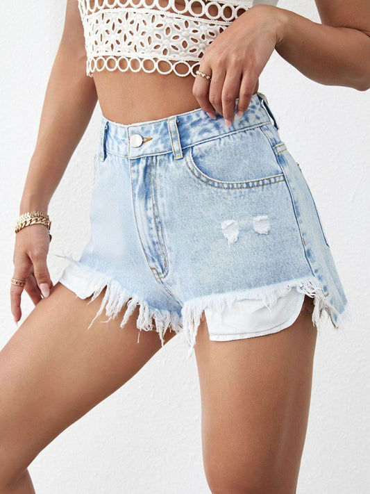 Distressed Raw Hem Denim Shorts - Hovatok