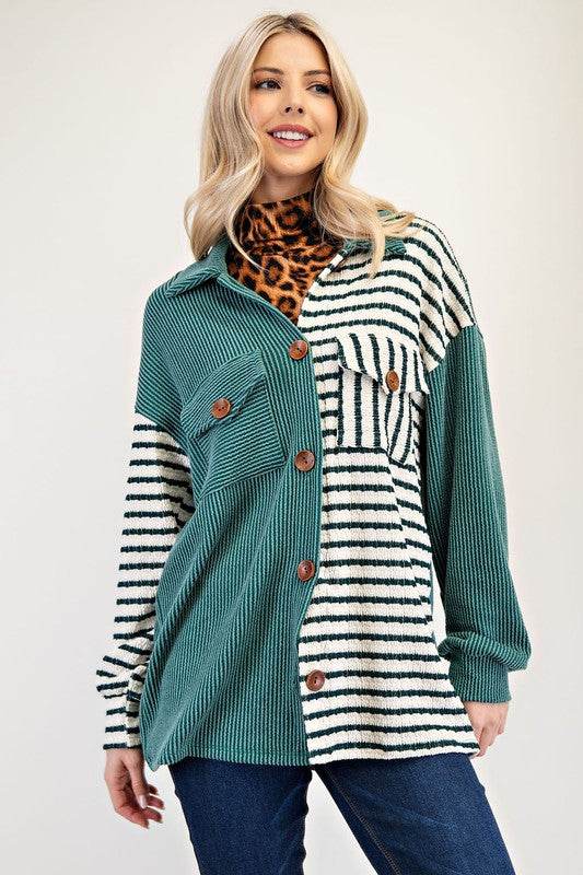 Celeste Full Size Striped Button Up Dropped Shoulder Shacket - Hovatok