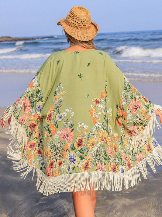 Plus Size Fringe Open Front Cover-Up - Hovatok