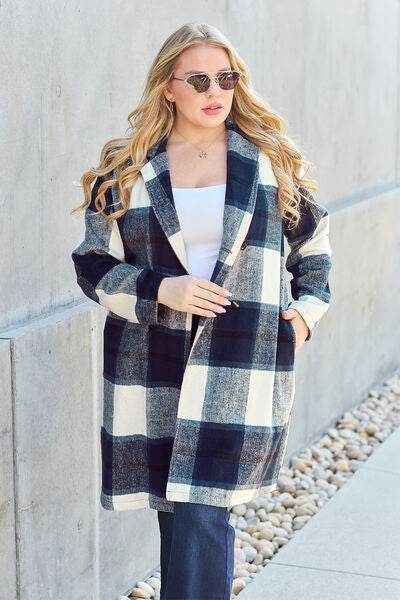 Double Take Full Size Plaid Button Up Lapel Collar Coat - Hovatok