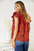 Double Take Floral Flutter Sleeve Notched Neck Blouse - Hovatok