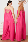 Double Take Full Size Ruffle Trim Tie Back Cami Jumpsuit with Pockets - Hovatok