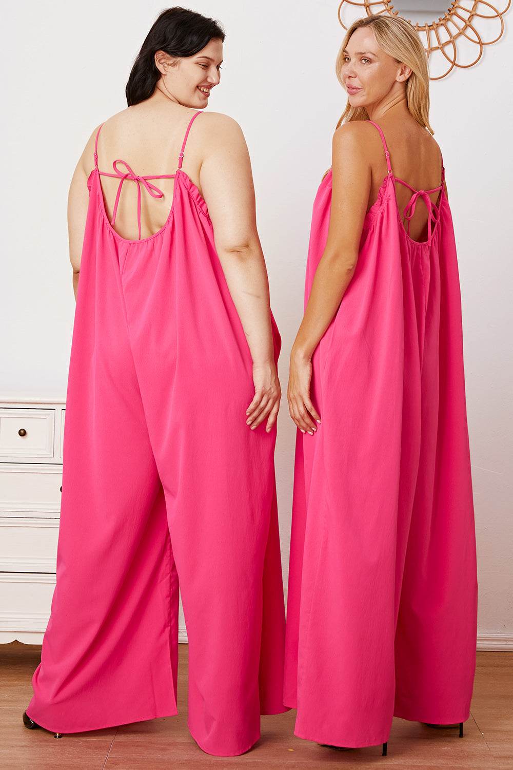 Double Take Full Size Ruffle Trim Tie Back Cami Jumpsuit with Pockets - Hovatok