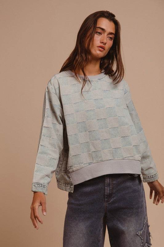 BiBi Mineral Washed Checkered Round Neck Denim Top - Hovatok