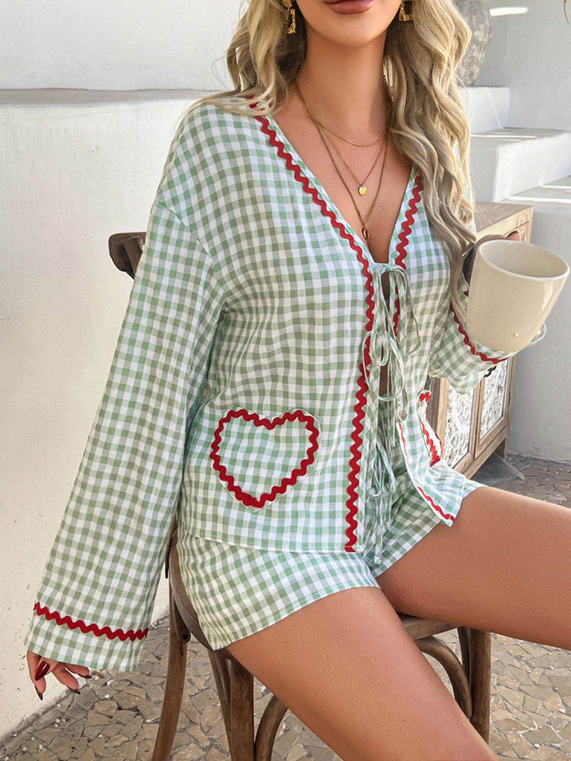 Devine Tie Front Contrast Plaid Shirt and Shorts Set - Hovatok
