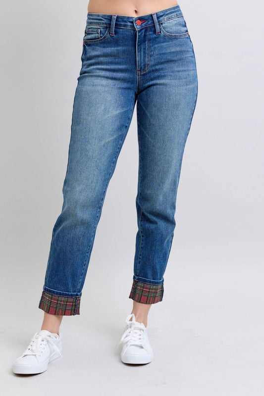 Judy Blue Full Size Plaid Print Cuff Straight Leg Jeans with Pockets - Hovatok