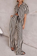 Striped Collared Neck Half Sleeve Top and Pants Set - Hovatok