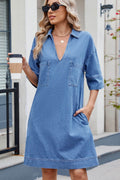 Johnny Collar Half Sleeve Denim Dress - Hovatok