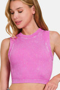 Zenana Washed Ribbed Seamless Crop Tank with Bra Pad - Hovatok