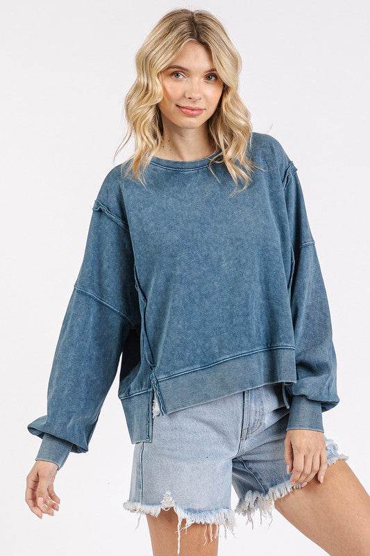 Mittoshop Side Slit Exposed Seam Round Neck Sweatshirt - Hovatok