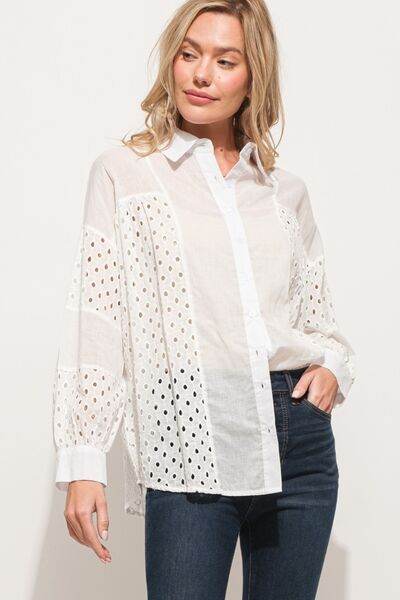 And The Why Eyelet Long Sleeve Button Down Shirt - Hovatok