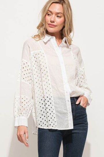 And The Why Eyelet Long Sleeve Button Down Shirt - Hovatok