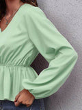 V-Neck Balloon Sleeve Peplum Blouse - Hovatok