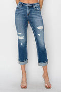 RISEN Full Size Cuffed Ankle Distressed Straight Jeans - Hovatok