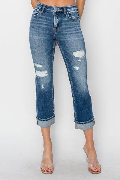 RISEN Full Size Cuffed Ankle Distressed Straight Jeans - Hovatok