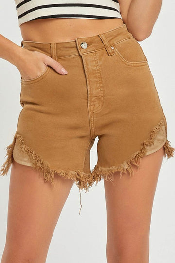 RISEN High Waist Frayed Hem Denim Shorts - Hovatok