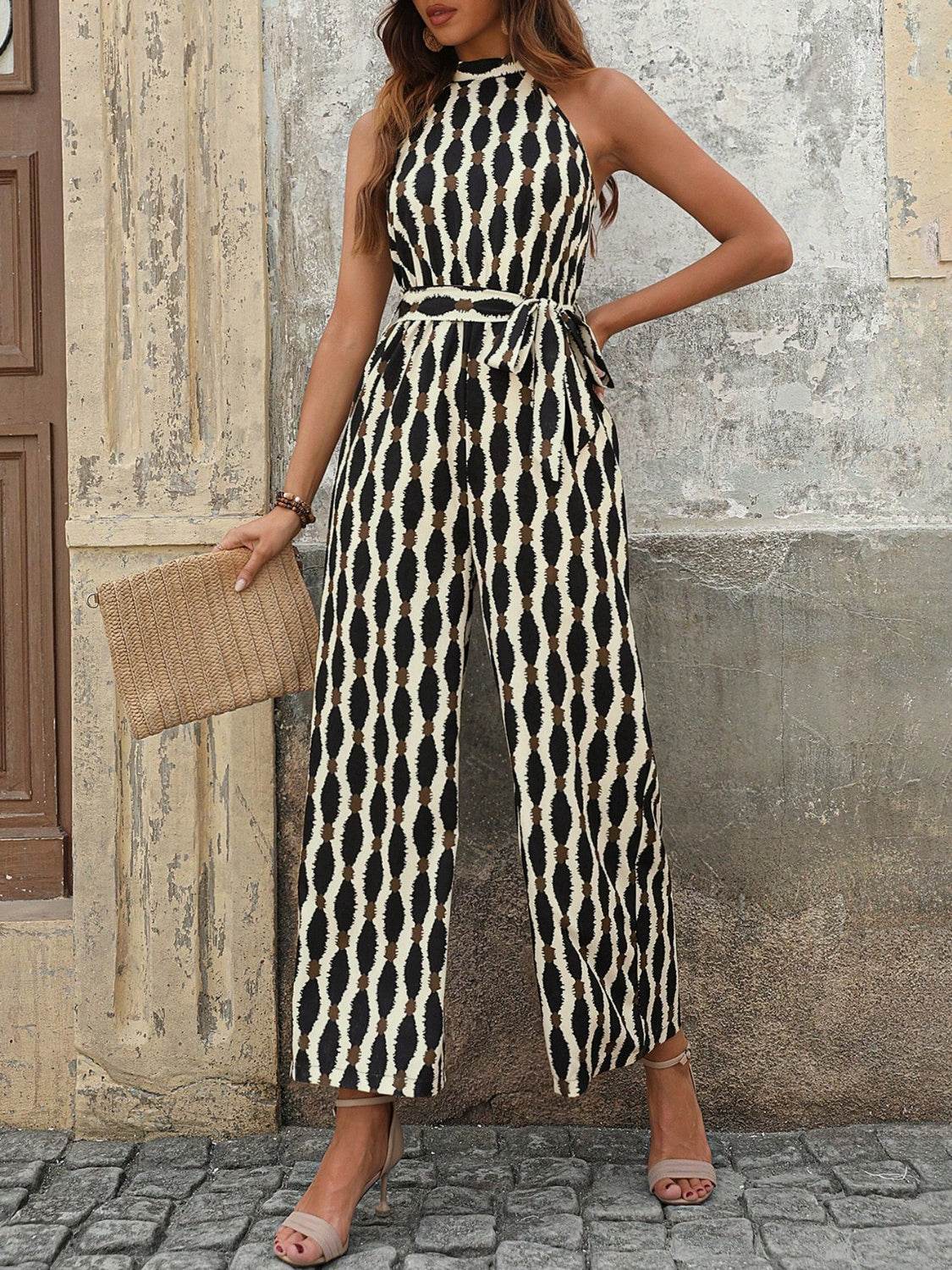 Tied Printed Grecian Neck Jumpsuit - Hovatok