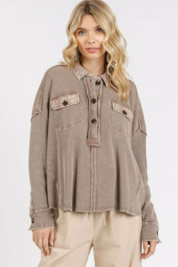 Mittoshop Mineral Wash Waffle Knit Collared Neck Henley Top - Hovatok