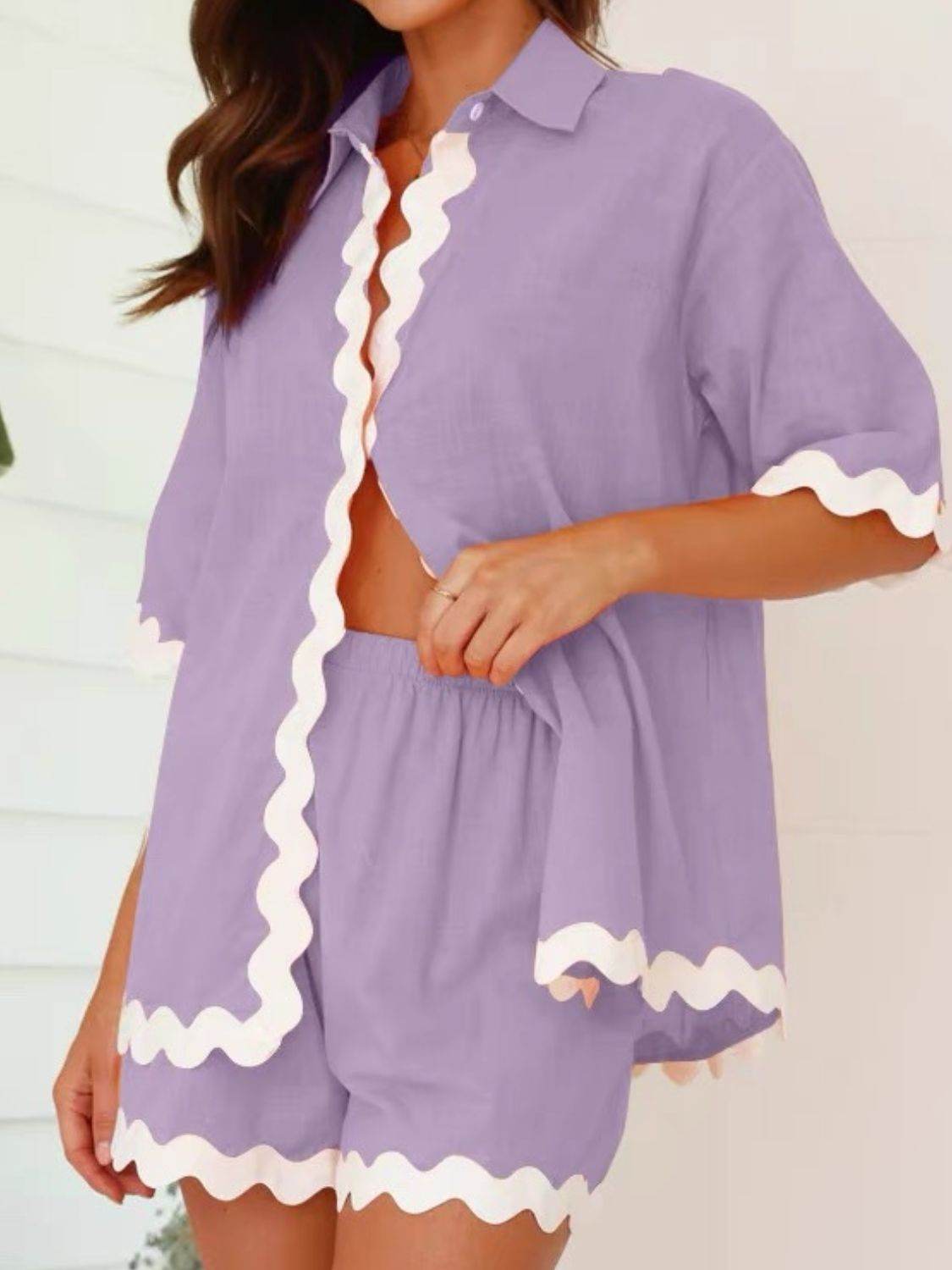 Contrast Trim Collared Neck Top and Shorts Set - Hovatok
