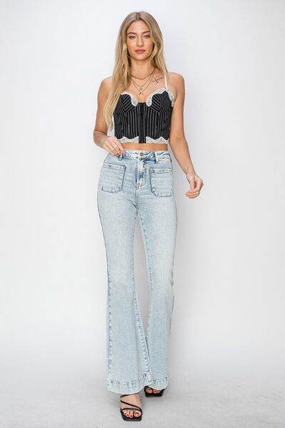 Risen Full Size High Rise Front Patch Pocket Flare Jeans - Hovatok