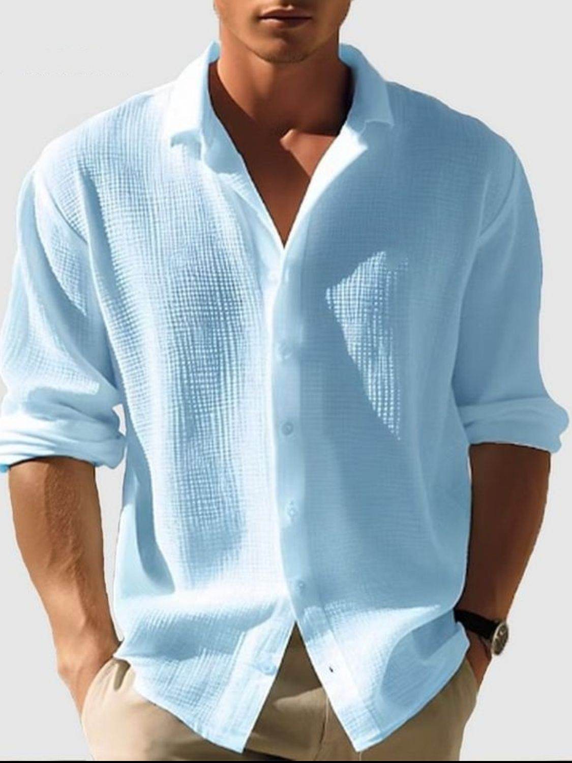 Men's Full Size Collared Neck Button Down Long Sleeve Shirt Plus Size - Hovatok