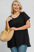 Umgee Full Size Seam Detail Linen Ruffle Fringe Edge Top Plus Size - Hovatok